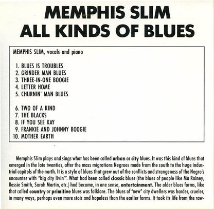 Memphis Slim : All Kinds Of Blues (CD, Album, RE)