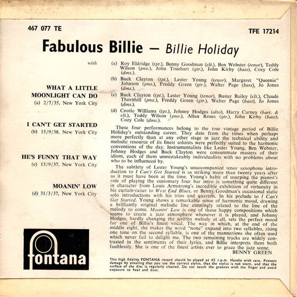 Billie Holiday : Fabulous Billie (7", EP)