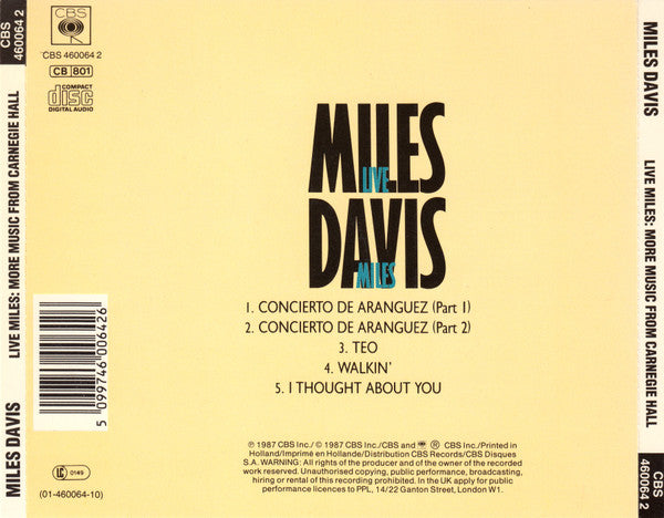 Miles Davis : Live Miles: More Music From The Legendary Carnegie Hall Concert (CD, Album, RE, RM)