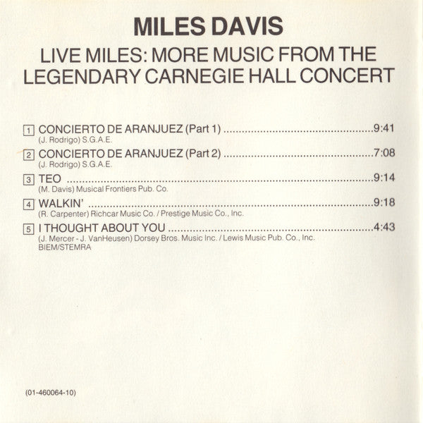 Miles Davis : Live Miles: More Music From The Legendary Carnegie Hall Concert (CD, Album, RE, RM)