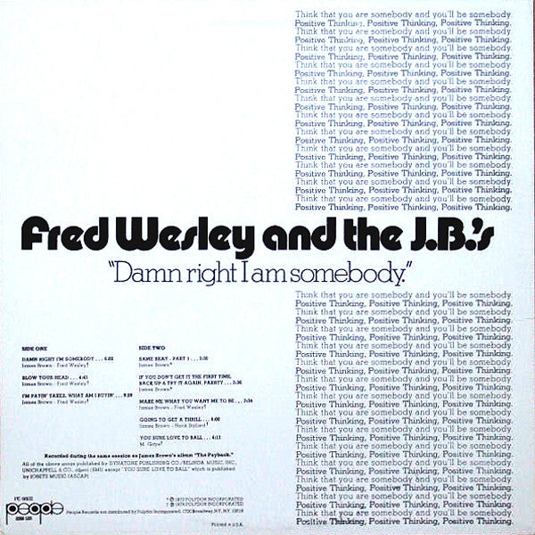 Fred Wesley & The JB's : Damn Right I Am Somebody (LP, Album, Son)