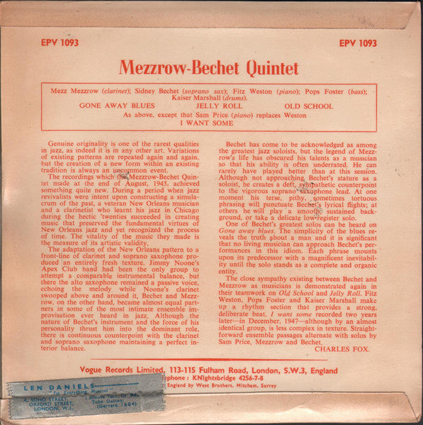 The Mezzrow-Bechet Quintet : Mezzrow-Bechet Quintet (7", EP, Tri)