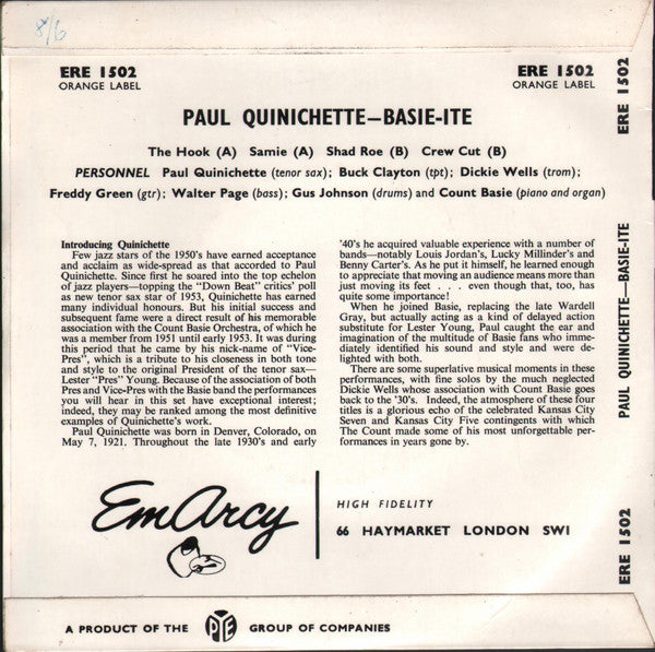 Paul Quinichette : Basie-Ite (7", EP)