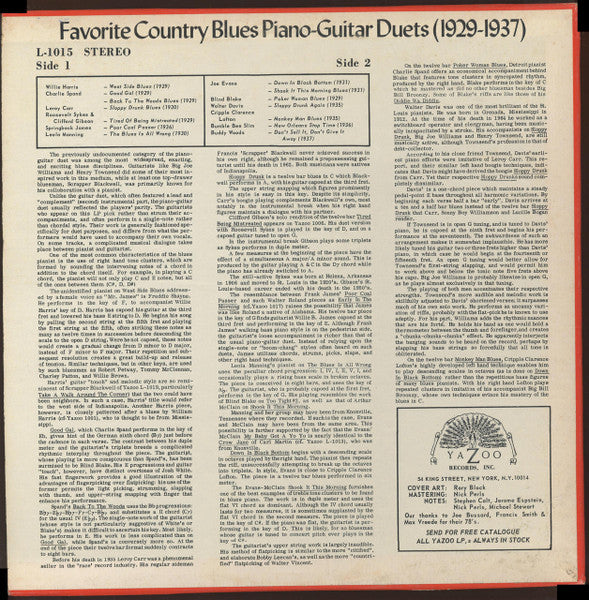 Various : Favorite Country Blues Guitar-Piano Duets (1929-1937) (LP, Comp)