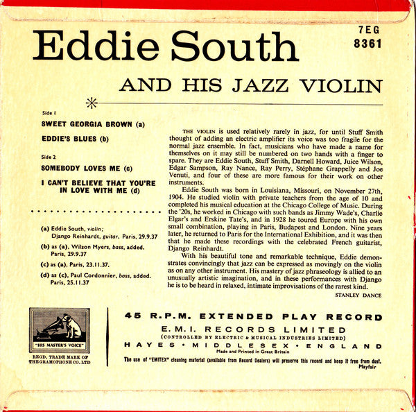 Eddie South : Eddie South And His Jazz Violin (7", EP)