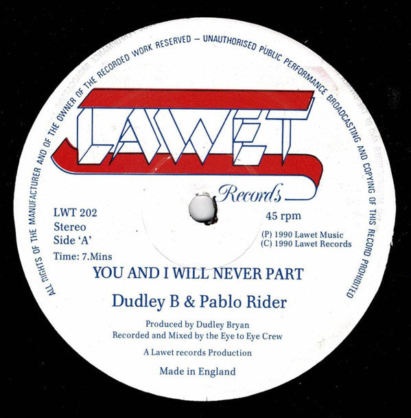 Dudley Bryan & Pablo Rider : You And I Will Never Part / Love Thing (12")