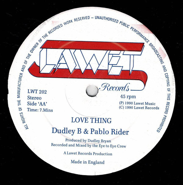 Dudley Bryan & Pablo Rider : You And I Will Never Part / Love Thing (12")