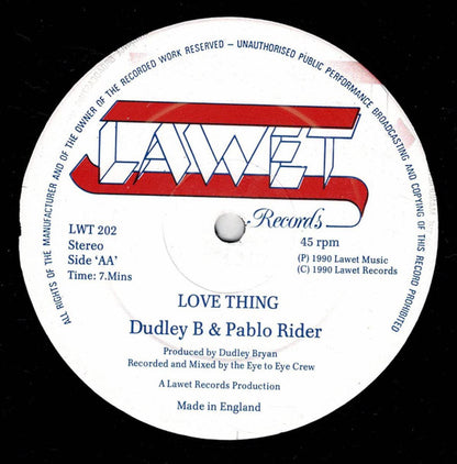 Dudley Bryan & Pablo Rider : You And I Will Never Part / Love Thing (12")