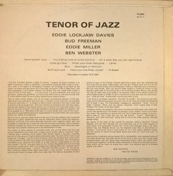 Bud Freeman, Eddie "Lockjaw" Davis, Eddie Miller (2), Ben Webster : Tenor Of Jazz (LP, Album, Mono)