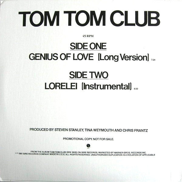 Tom Tom Club : Genius Of Love (Long Version) / Lorelei (Instrumental) (12", Promo)