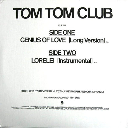 Tom Tom Club : Genius Of Love (Long Version) / Lorelei (Instrumental) (12", Promo)