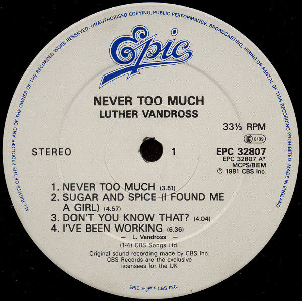 Luther Vandross : Never Too Much (LP, Album, RE)