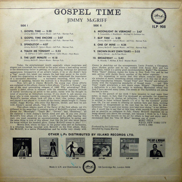 Jimmy McGriff : Gospel Time (LP, Album, Mono)