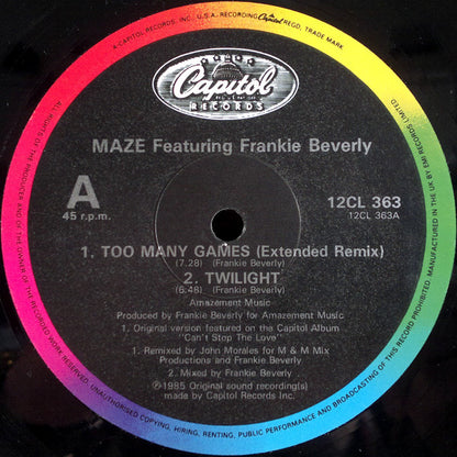 Maze Featuring Frankie Beverly : Too Many Games (12", Single)