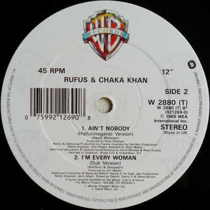 Rufus & Chaka Khan : Ain't Nobody (Remix Version) (12", P.R)