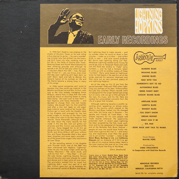 Lightnin' Hopkins : Early Recordings (LP, Album, Comp, RE)