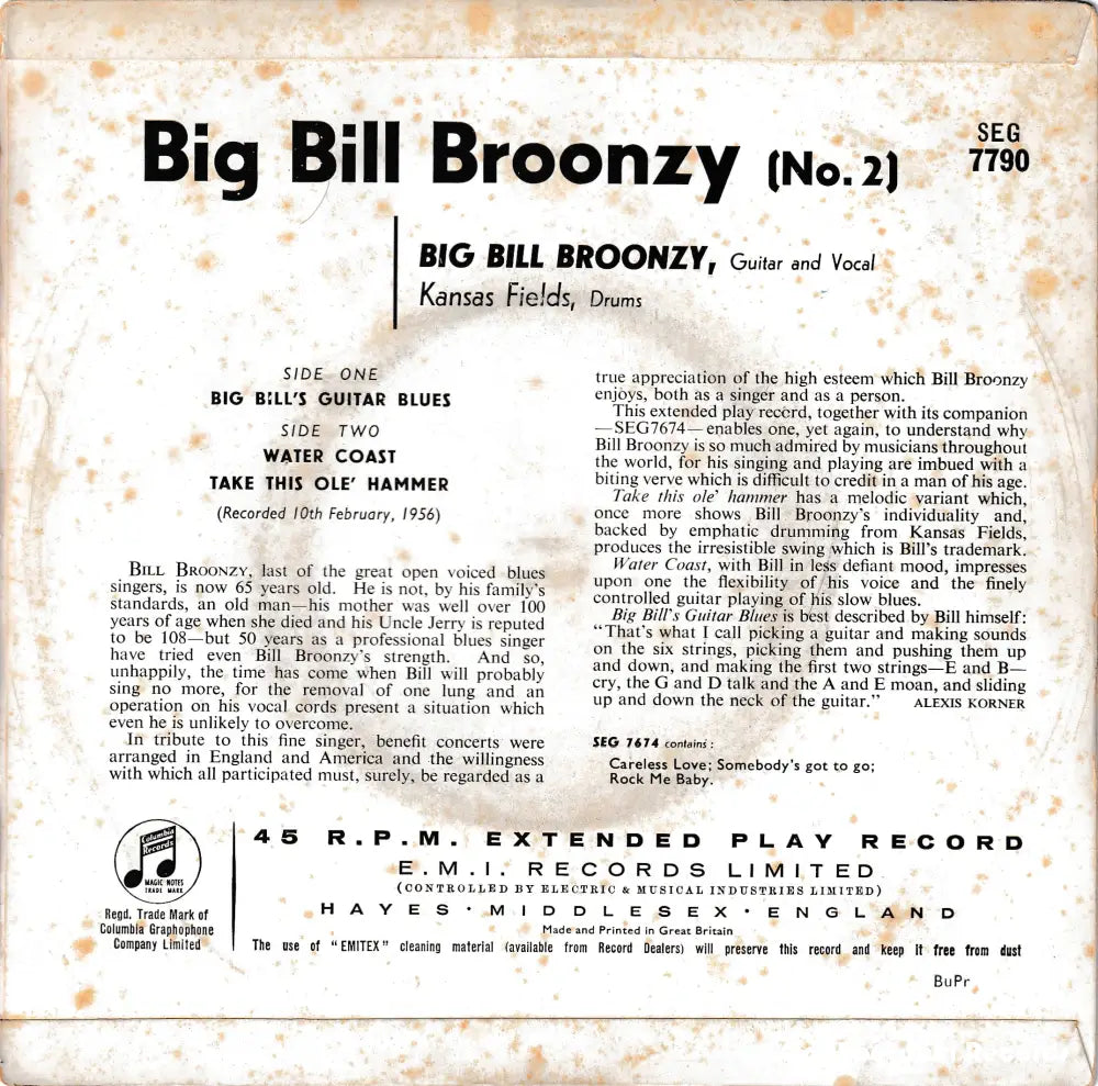 Big Bill Broonzy - Bill’s Guitar Blues (7’ Ep) Uk 1956 Nm Or M- 7’