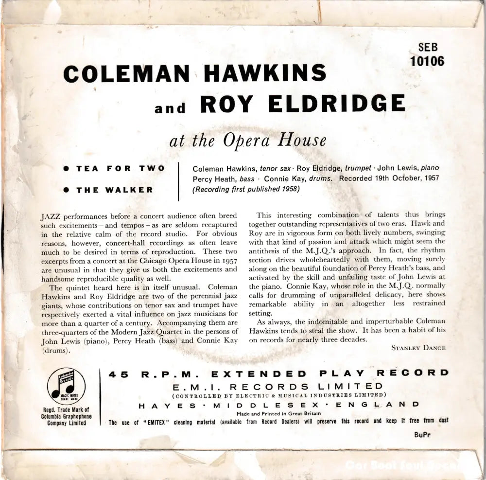 Coleman Hawkins & Roy Eldridge At The Opera House (7’ Ep 1958 Uk) Vg + 7’