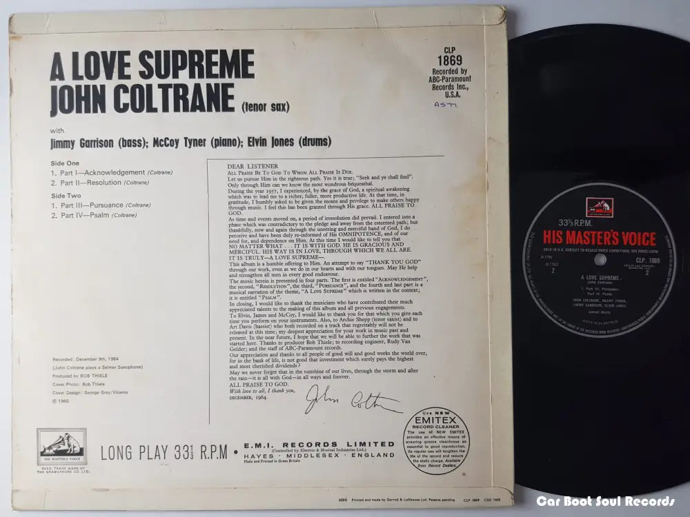 John Coltrane - A Love Supreme (Lp Album Mono) Uk 1965 Vg + Lp