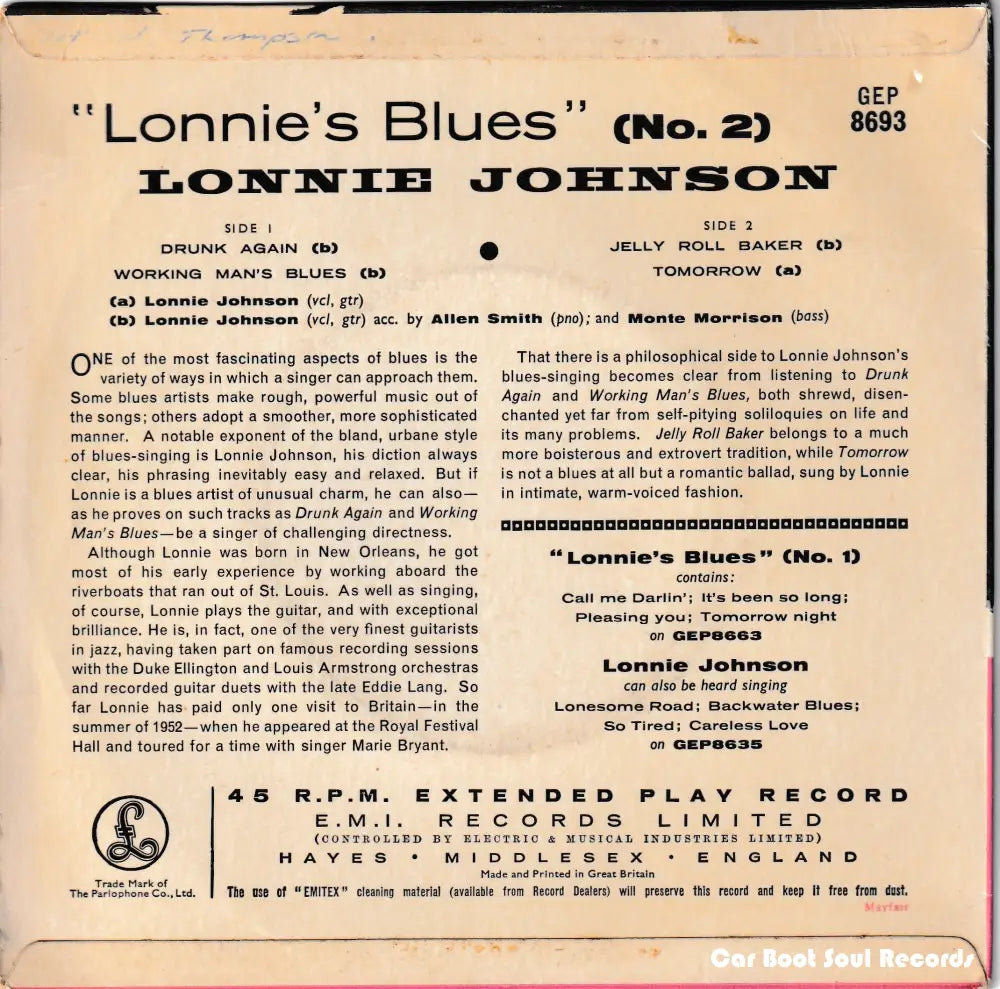 Lonnie Johnson - Lonnie’s Blues (No 2) (7’ Ep) Uk 1958 Vg + 7’