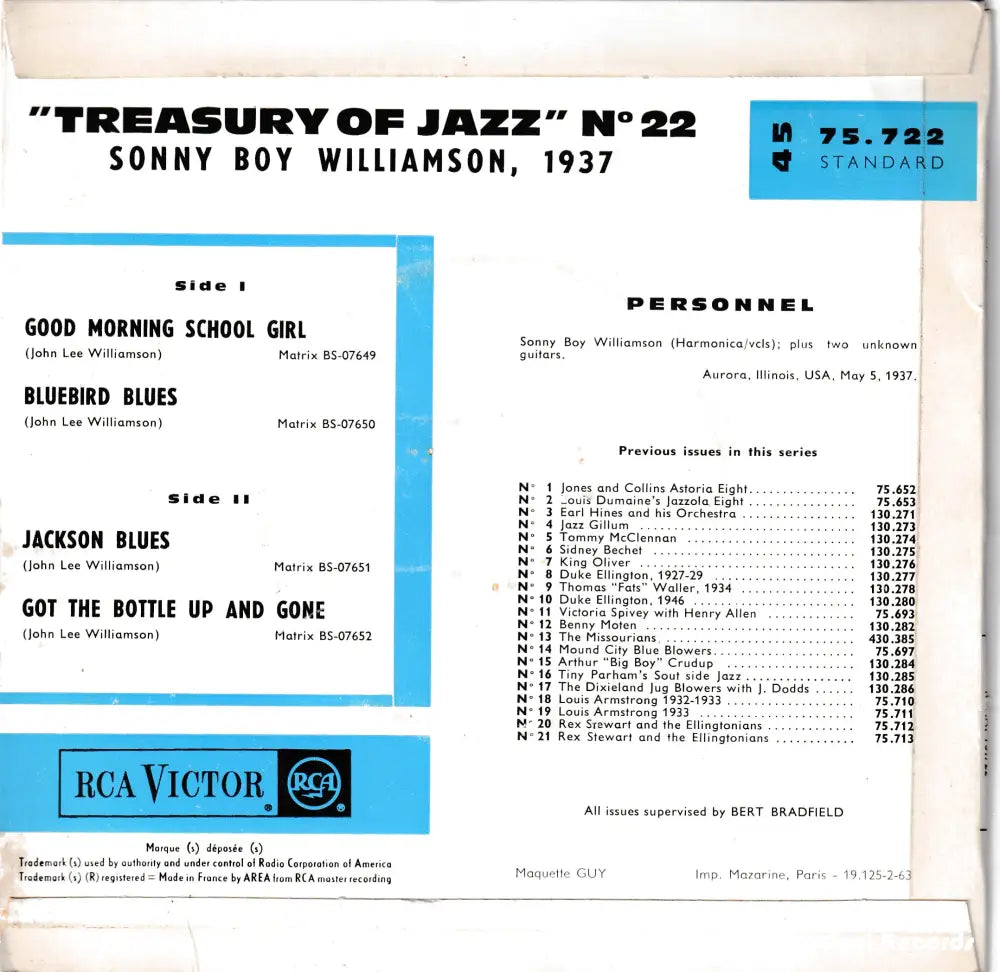 Sonny Boy Williamson - Treasury Of Jazz N° 22 (7’ Ep) France 1962 Nm Or M- 7’