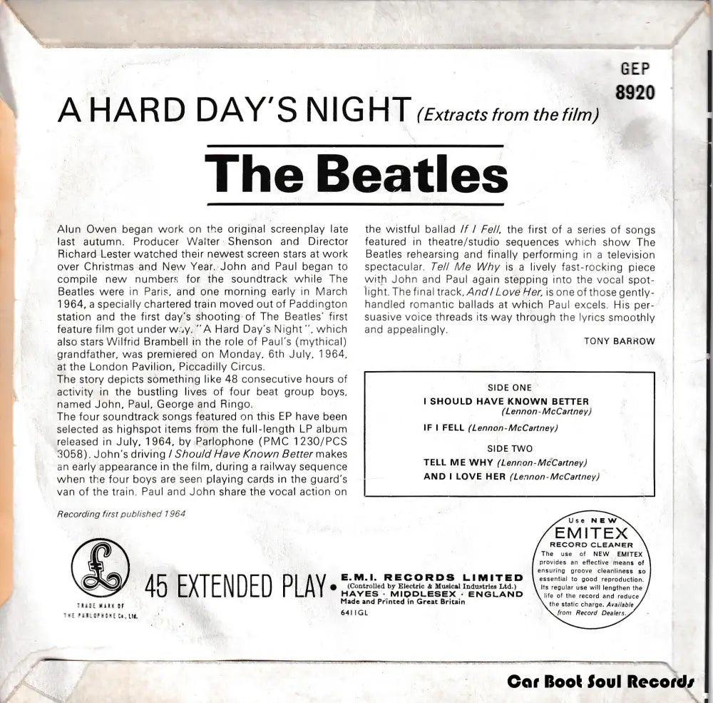 The Beatles - Extracts From Film A Hard Day’s Night (7’ Ep Mono) Uk Vg + 7’