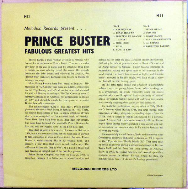 Prince Buster : Fabulous Greatest Hits (LP, Comp, RP, Tur)