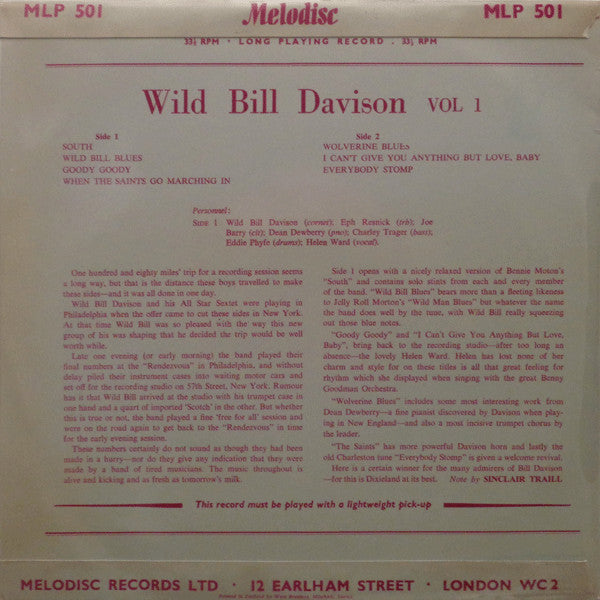 Wild Bill Davison : Wild Bill Davison Vol 1 (10", Mono)