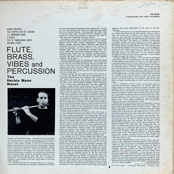 The Herbie Mann Nonet : Flute, Brass, Vibes And Percussion (LP)