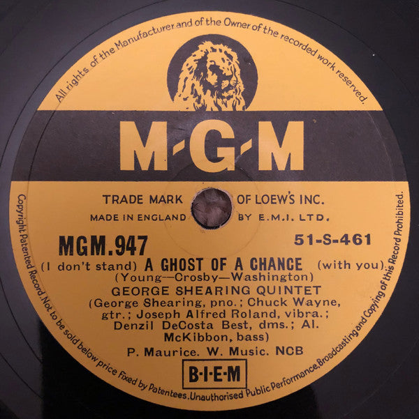 The George Shearing Quintet : (I Don't Stand) A Ghost Of A Chance (With You) (Shellac, 10")