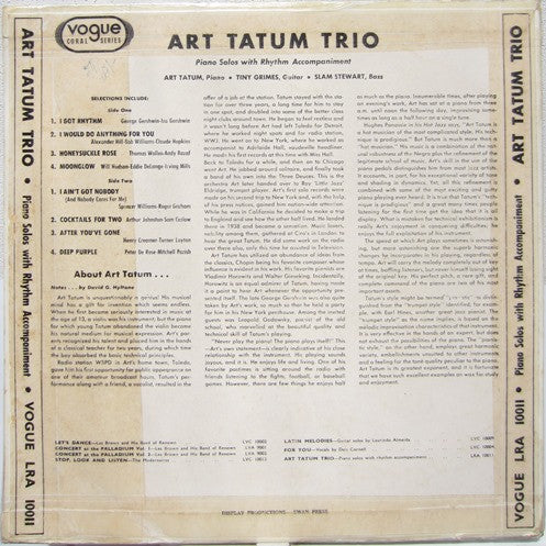 Art Tatum Trio : Piano Solos With Rhythm Accompaniment (10")