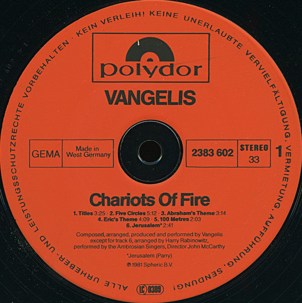 Vangelis : Chariots Of Fire (LP, Album)