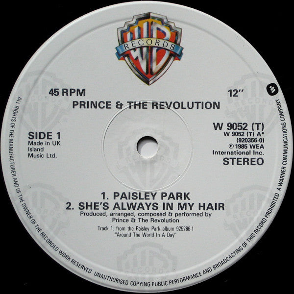 Prince And The Revolution : Paisley Park (12", Single, PRS)