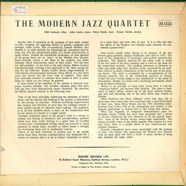 The Modern Jazz Quartet : Modern Jazz Quartet (10", Mono)