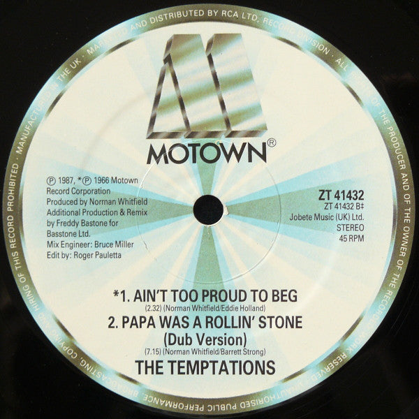 The Temptations : Papa Was A Rollin' Stone (Remix 1987) (12", Single)