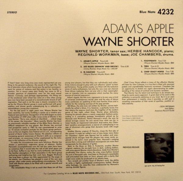 Wayne Shorter : Adam's Apple (LP, Album, RE, Sco)