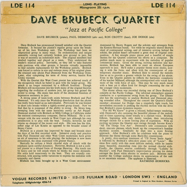 The Dave Brubeck Quartet : Jazz At Pacific College (10", Album, Mono)