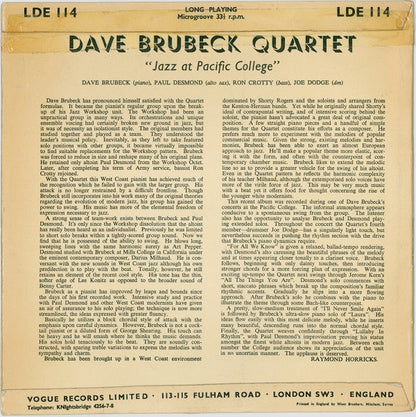 The Dave Brubeck Quartet : Jazz At Pacific College (10", Album, Mono)