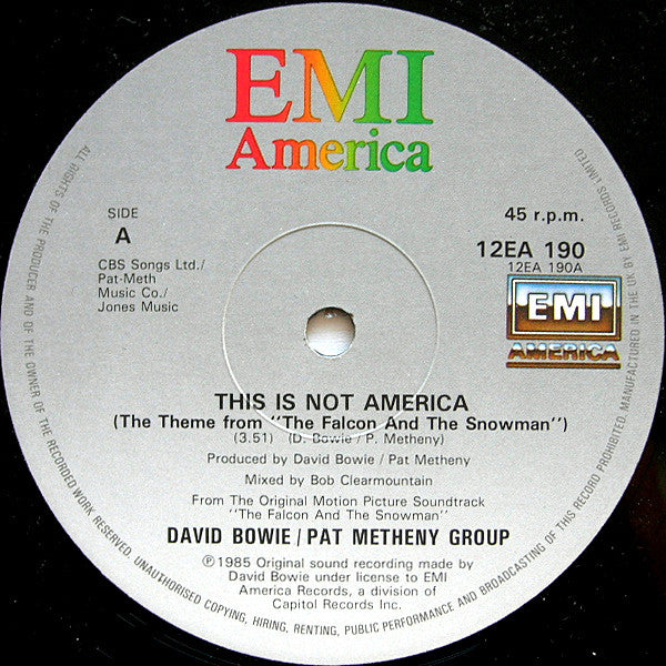 David Bowie / Pat Metheny Group : This Is Not America (Theme From The Original Motion Picture, The Falcon And The Snowman) (12", Single)