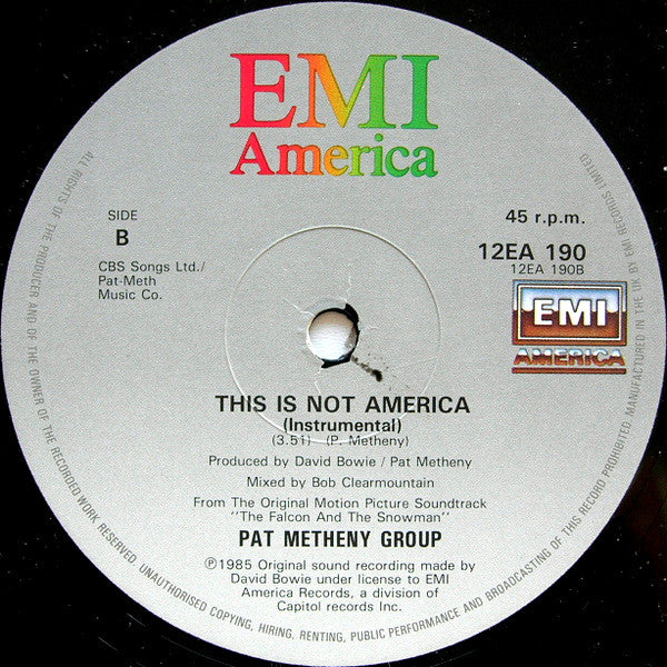 David Bowie / Pat Metheny Group : This Is Not America (Theme From The Original Motion Picture, The Falcon And The Snowman) (12", Single)