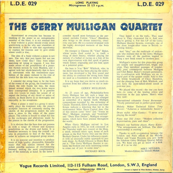 Gerry Mulligan Quartet : Volume 1 (10", RP)