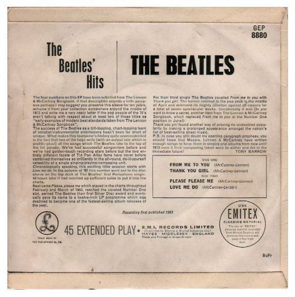 The Beatles : The Beatles' Hits (7", EP, Mono, RP, Str)