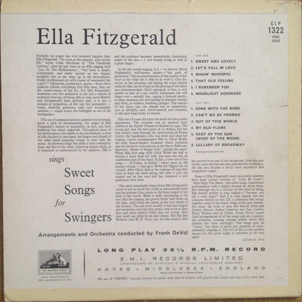 Ella Fitzgerald : Ella Fitzgerald Sings Sweet Songs For Swingers (LP, Album)