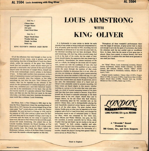 King Oliver's Creole Jazz Band : Louis Armstrong With King Oliver (10", Comp)