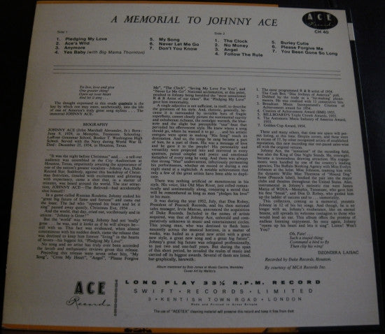 Johnny Ace : Memorial Album For Johnny Ace (LP, Comp, Mono, RE)