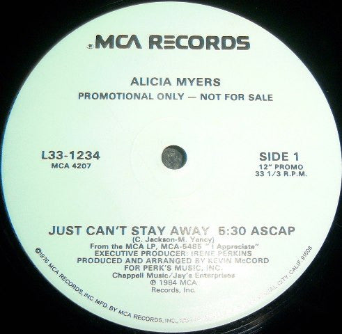 Alicia Myers : Just Can't Stay Away / Appreciation (12", Promo)