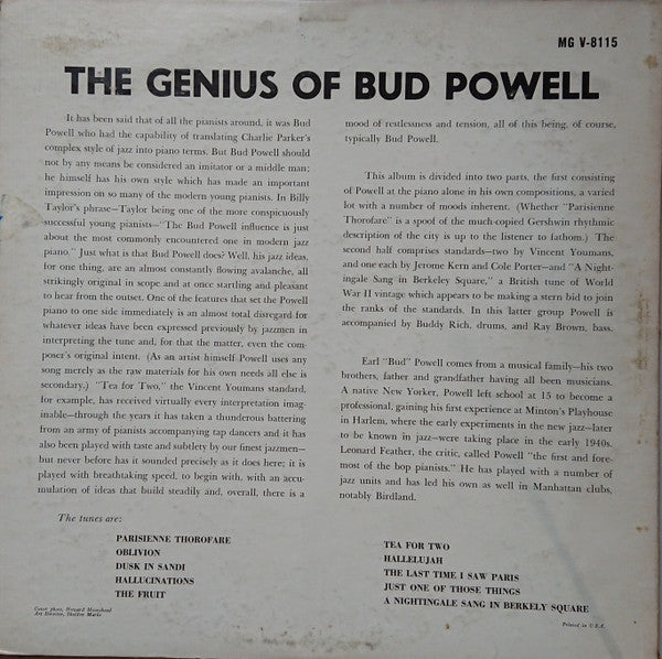 Bud Powell : The Genius Of Bud Powell (LP, Album, RP)