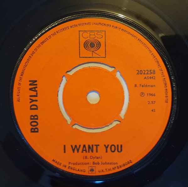 Bob Dylan : I Want You (7", Single, Pus)