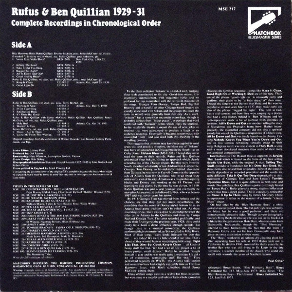 Rufus & Ben Quillian : Rufus & Ben Quillian 1929-31: Complete Recordings In Chronological Order (LP, Comp, Mono)