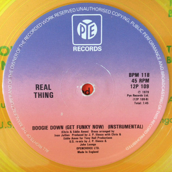 The Real Thing : Boogie Down (Get Funky Now) (Special U.S. Disco Mix) (12", Single, Yel)